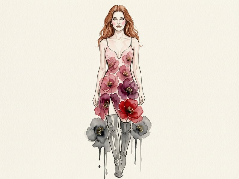 Watercolor fashion sketch of a red-haired woman wearing a floral print slip dress, on a plain cream background.
