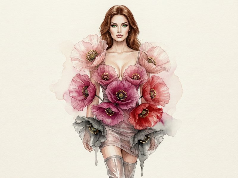 Vertical alcohol ink painting, eye level medium shot, sexy green eye muse wears a decollete dress of layered translucent poppy-like blooms arranged vertically on soft off-white paper: aluring sensual expression, top pale blush pink, mid rich rose pink, deep magenta, vivid crimson, bottom smoke grey charcoal bloom fading into dripping ink stem; each flower has soft bleeding ink edges, tiny metallic gold stamen dots, soft diffused even lighting with no harsh shadows, smooth ink bleed gradients, clean negative space surrounding the floral cluster, soft organic translucent watercolour texture, fine ink vein details within petal forms.                                                                                                                                a sheer form fitting slinky slit mini-dress made of translucent poppy petals worn by a beautiful woman, sensual auburn busty, muse as she struts the catwalk, cleavage,  translucent thigh high boots, cameras flashing, fashion ink sketch, ethereal, fashion show. 

Delicate ink linework paired with translucent watercolor washes creates an ethereal, otherworldly beauty, combined with flowing wet-on-wet bleeds and luminous color accents that heighten a sense of spiritual serenity. The result should manifest as soft pooling washes anchored by selective fine-ink detailing and glowing pops of luminous color, with pigment feathering organically into the paper for an expressive, dreamlike finish.