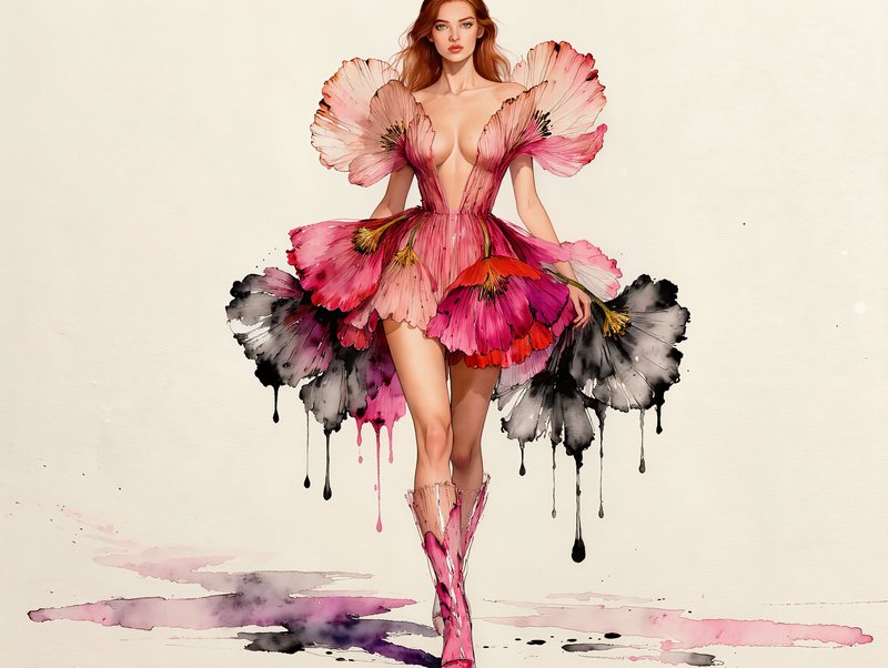 Vertical alcohol ink painting, eye level medium shot, sexy green eye muse wears a decollete dress of layered translucent poppy-like blooms arranged vertically on soft off-white paper: aluring sensual expression, top pale blush pink, mid rich rose pink, deep magenta, vivid crimson, bottom smoke grey charcoal bloom fading into dripping ink stem; each flower has soft bleeding ink edges, tiny metallic gold stamen dots, soft diffused even lighting with no harsh shadows, smooth ink bleed gradients, clean negative space surrounding the floral cluster, soft organic translucent watercolour texture, fine ink vein details within petal forms.                                                                                                                                a sheer form fitting slinky slit mini-dress made of translucent poppy petals worn by a beautiful woman, sensual auburn busty, muse as she struts the catwalk, cleavage,  translucent thigh high boots, cameras flashing, fashion ink sketch, ethereal, fashion show. 

Delicate ink linework paired with translucent watercolor washes creates an ethereal, otherworldly beauty, combined with flowing wet-on-wet bleeds and luminous color accents that heighten a sense of spiritual serenity. The result should manifest as soft pooling washes anchored by selective fine-ink detailing and glowing pops of luminous color, with pigment feathering organically into the paper for an expressive, dreamlike finish.