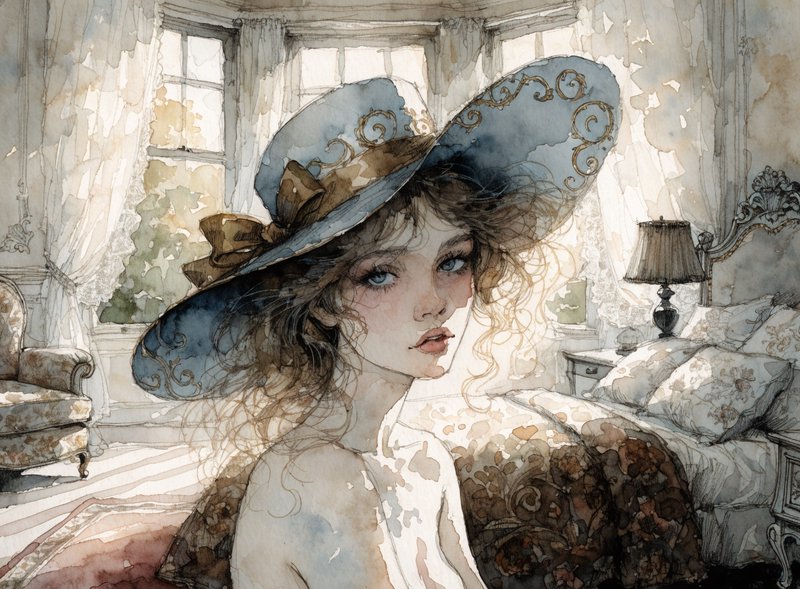 Delicate ink linework paired with translucent watercolor washes creates an ethereal, otherworldly beauty, combined with flowing wet-on-wet bleeds and luminous color accents that heighten a sense of spiritual serenity. The result should manifest as soft pooling washes anchored by selective fine-ink detailing and glowing pops of luminous color, with pigment feathering organically into the paper for an expressive, dreamlike finish.
mid shot, A beautiful young woman with a heart-shaped face, shoulders turned slightly, blue eyes, her honey-chestnut hair flows over her bare shoulders. she looks at you with a sultry expression, wearing the lattest art deco hat with gold trim. well appointed boudoir, golden hour window light casts subtle shadows acros her bosom