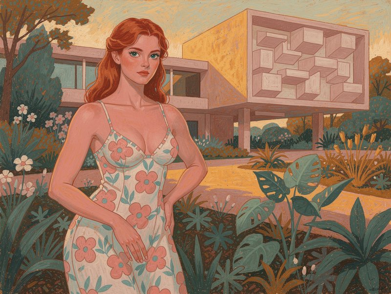 Stylized illustrated portrait of red-haired woman in a floral slip dress standing in a lush midcentury home garden