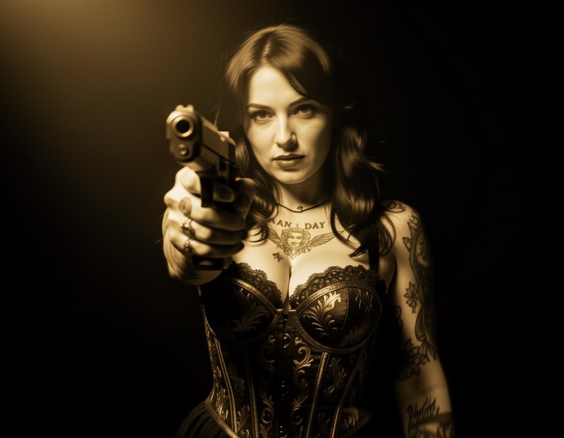 Sepia neo-noir portrait of tattooed woman in ornate corset pointing a handgun directly at the viewer, dramatic low-key lig...