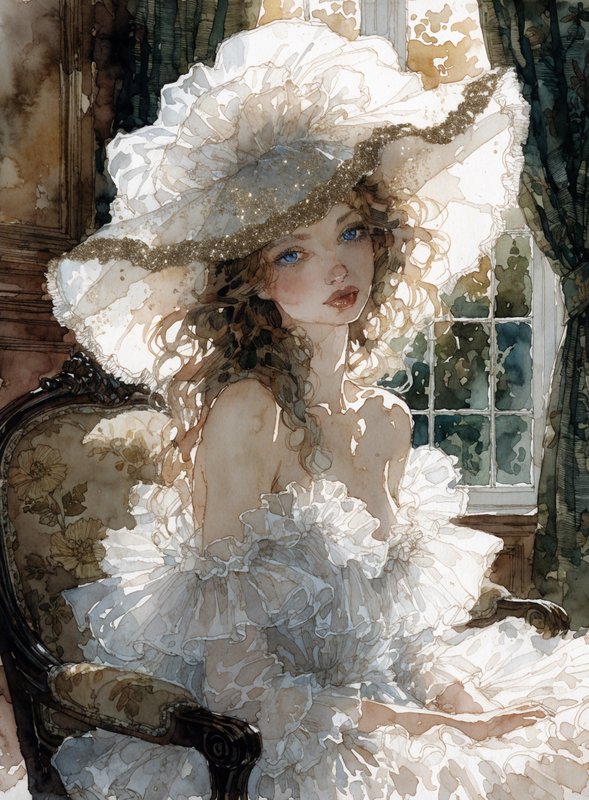 Delicate ink linework paired with translucent watercolor washes creates an ethereal, otherworldly beauty, combined with flowing wet-on-wet bleeds and luminous color accents that heighten a sense of spiritual serenity. The result should manifest as soft pooling washes anchored by selective fine-ink detailing and glowing pops of luminous color, with pigment feathering organically into the paper for an expressive, dreamlike finish.
mid shot, A beautiful young blousey woman with a heart-shaped face, shoulders turned slightly, blue eyes, her honey-chestnut hair flows over her bare shoulders. she looks at you with a sultry expression, draped in decolete sheer organza wearing the lattest art deco hat with gold trim. decolletage, well appointed boudoir, golden hour window light casts subtle shadows acros her bosom,
