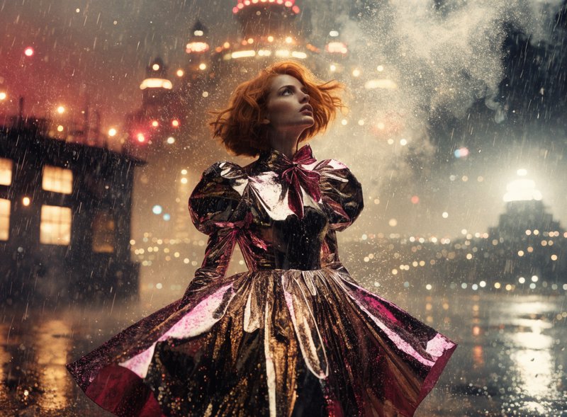 Red-haired woman in shimmering ruffled gown stands in rainy misty fantasy city at night, looking up into falling rain.