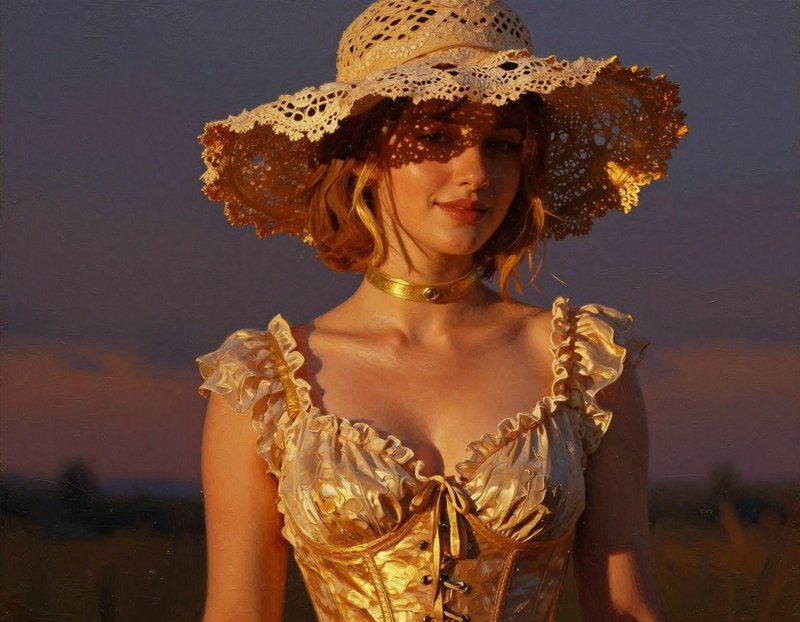 Warm golden hour portrait of a woman wearing an ornate lace sun hat and vintage golden corset at dusk.