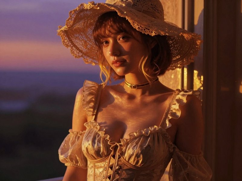 Young woman in lace wide-brim sun hat and vintage ruffled dress bathed in golden sunset light on a coastal balcony.
