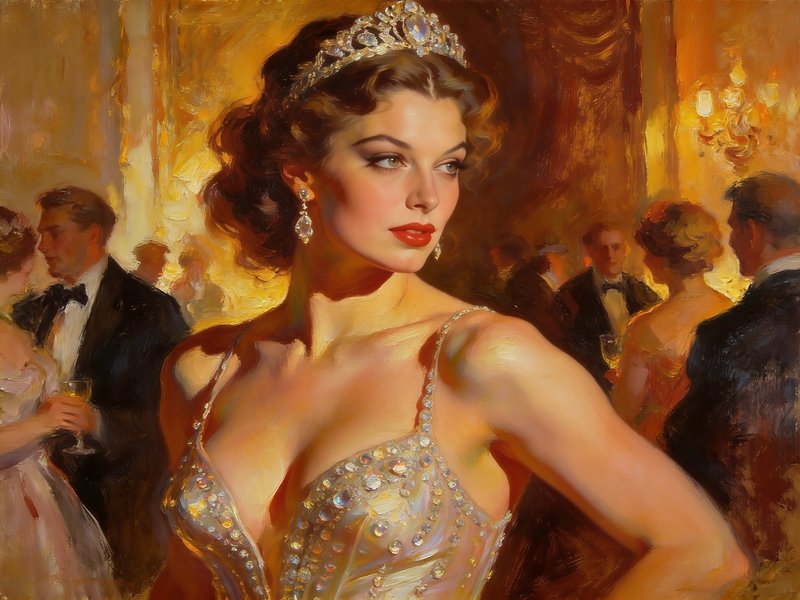 Impressionist oil painting of an elegant woman in a diamond tiara at a glowing vintage formal ballroom gala