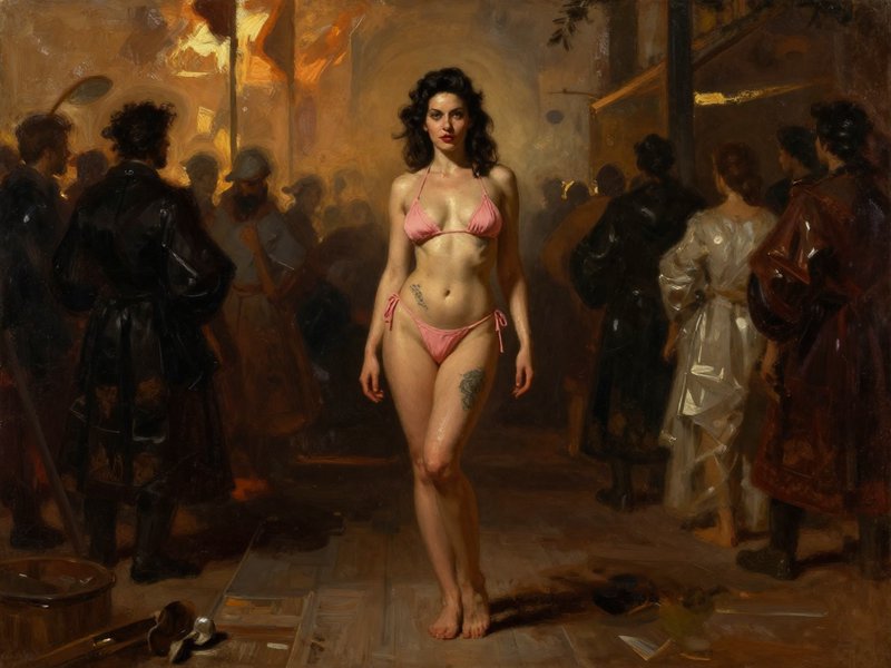 Oil painting of a tattooed woman in a pink bikini standing at the center of a warm crowded historical interior