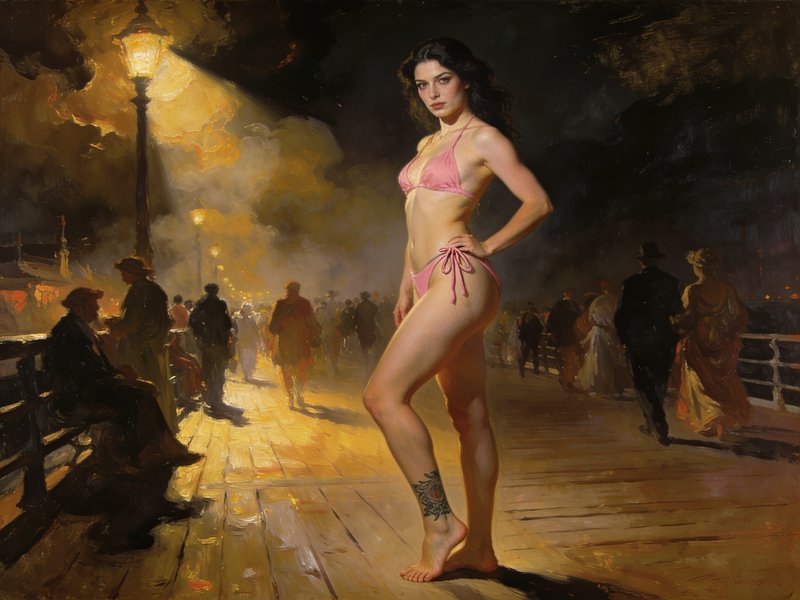 [Oil painting of a woman in a pink bikini standing on a glowing vintage night boardwalk, lit by warm streetlamp light]