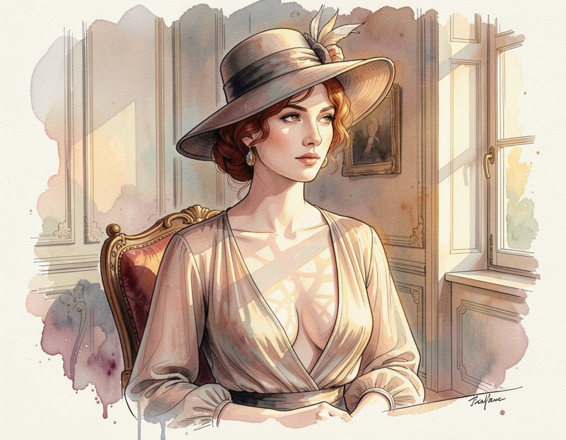 Watercolor portrait of elegant Edwardian woman in feathered wide-brim hat seated in a sunlit vintage interior