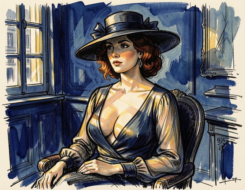 [Watercolor ink sketch of elegant 1940s woman in wide black hat seated in sunlit vintage interior]