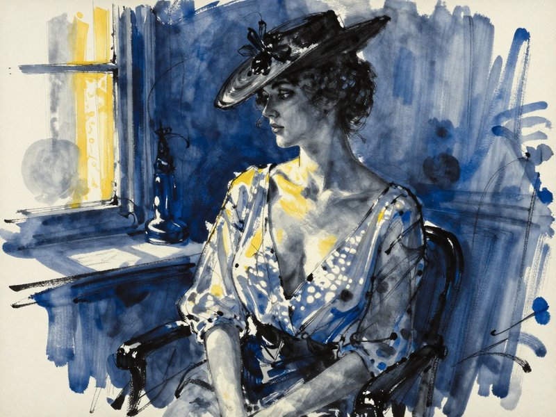 [Expressive watercolor portrait of a pensive Edwardian woman in a decorative hat, seated by a sunlit window with blue and ...