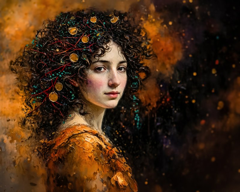 Painterly fine art portrait of a woman with curly hair decorated with gold medallions, set against a warm atmospheric
