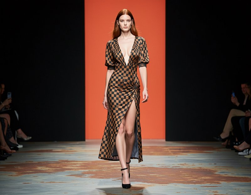 Red-haired model walks a fashion runway in a tan and black checkered plunging midi dress with high side slit.