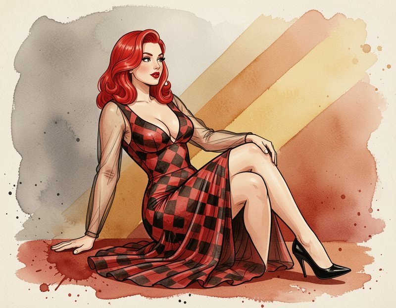 [Retro pinup illustration of wavy red-haired woman in checkered dress seated against watercolor gradient background]