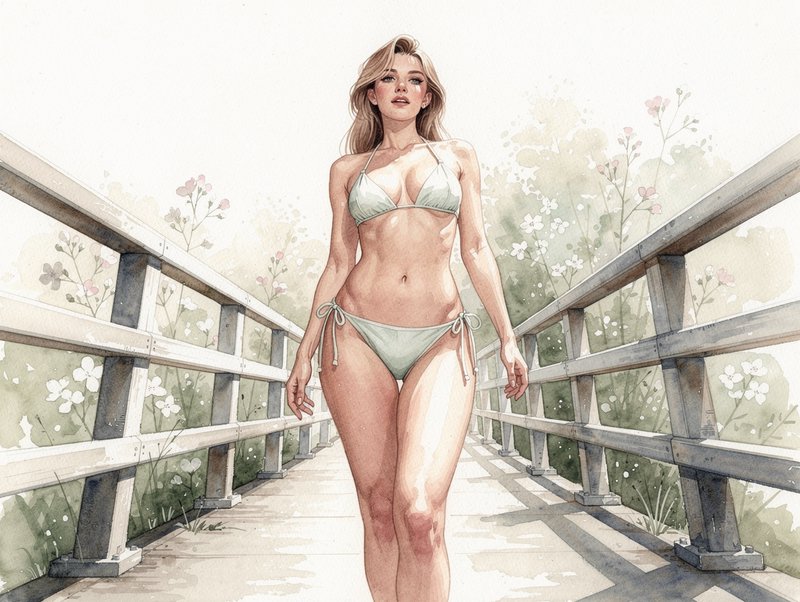 Watercolor painting of a woman in a pale mint bikini walking on a wooden footbridge lined with wildflowers.