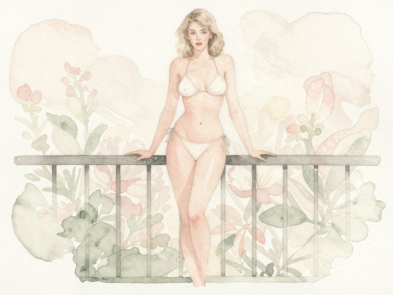 Soft watercolor illustration of blonde woman in a white bikini leaning on a balcony railing with pastel floral background