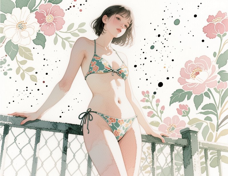 [Soft watercolor illustration of a young woman in a floral bikini leaning on a balcony railing surrounded by peony blooms]