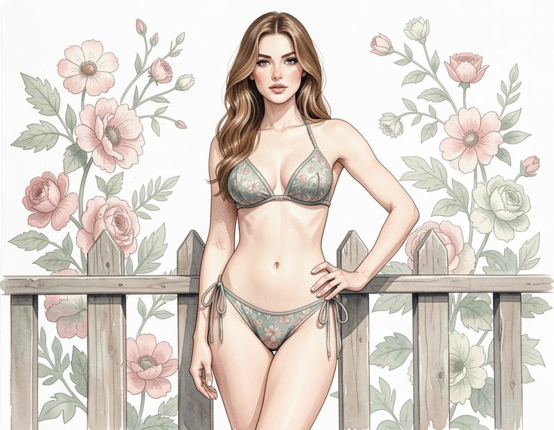 [Watercolor illustration of a woman in a floral sage bikini leaning on a wooden picket fence, framed by pastel garden flow...