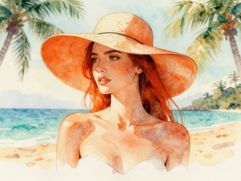 Watercolor portrait of red-haired woman in a wide brim straw hat on a sunny tropical palm beach