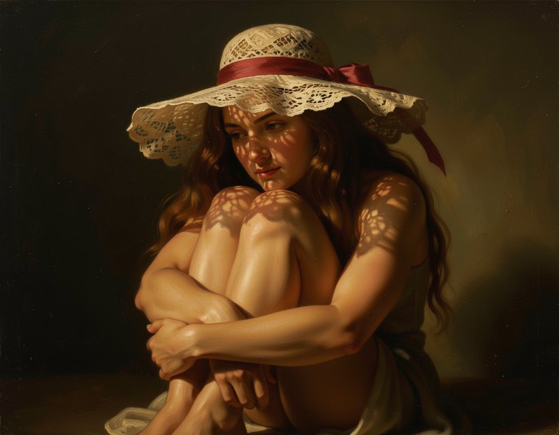 Realist oil painting of a thoughtful seated woman in a lace wide-brim hat, with dappled lace shadows cast across her