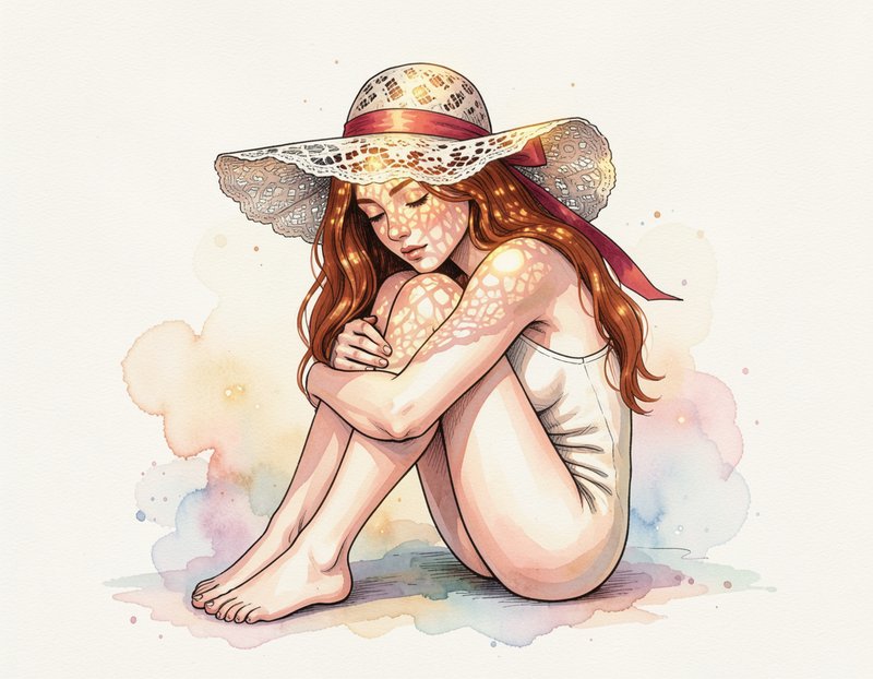 Watercolor illustration of a seated red-haired woman in a lace wide sun hat, curled up with closed eyes in dappled warm su...
