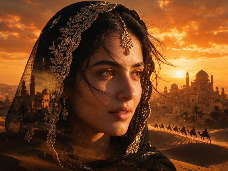 Close-up portrait of a woman in an ornate gold embroidered headscarf, with desert sunset, Mughal city and camel caravan