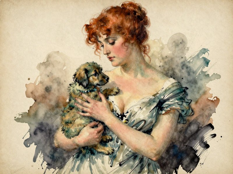 Watercolor portrait of a red-haired vintage woman tenderly holding a small fluffy puppy, with soft ink splatter