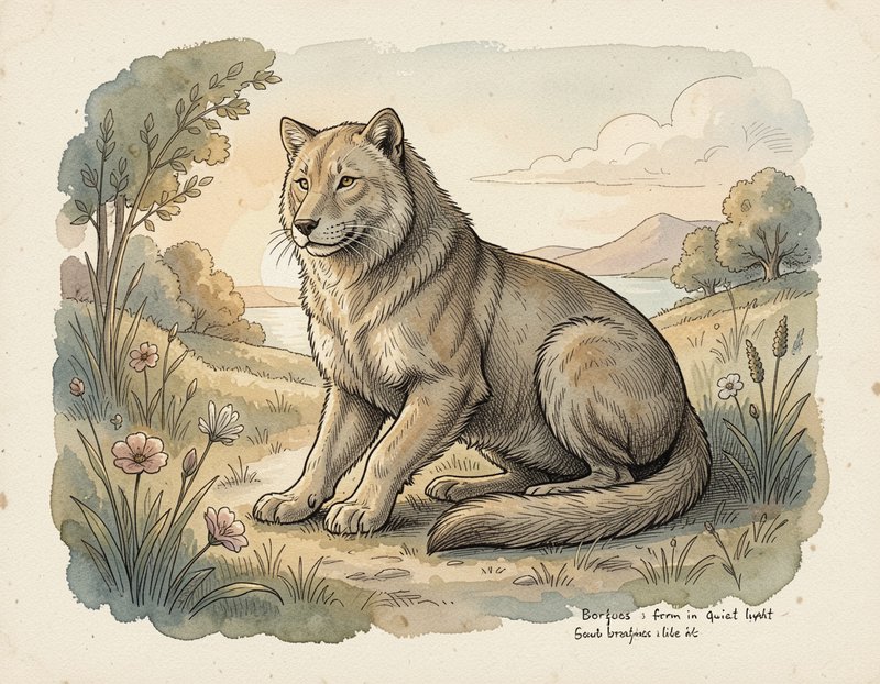 Vintage ink and watercolor illustration of a fluffy lion-wolf hybrid seated in a sunlit wildflower meadow