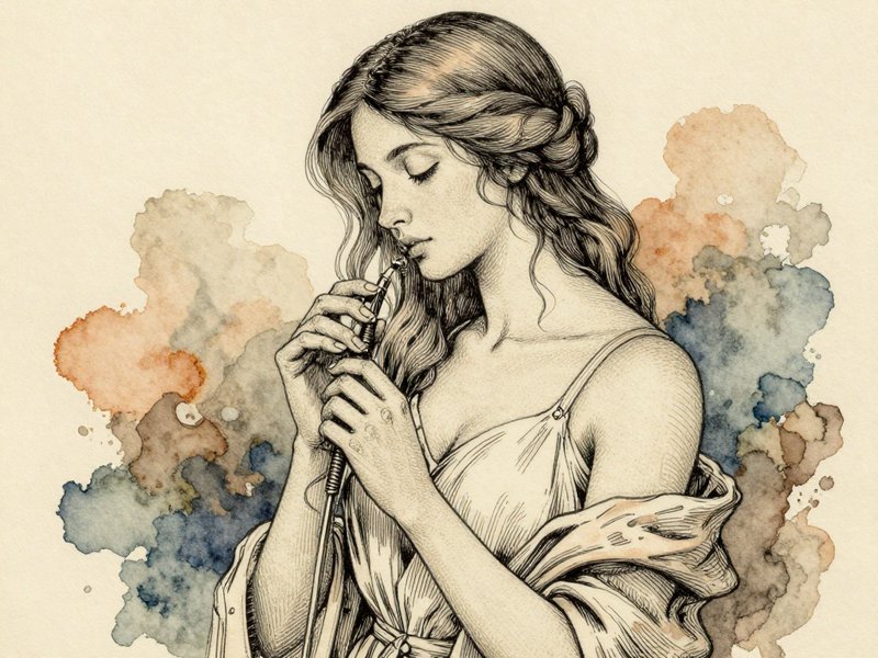 Pen and ink watercolor illustration of a serene classical woman with closed eyes holding a small wind instrument.