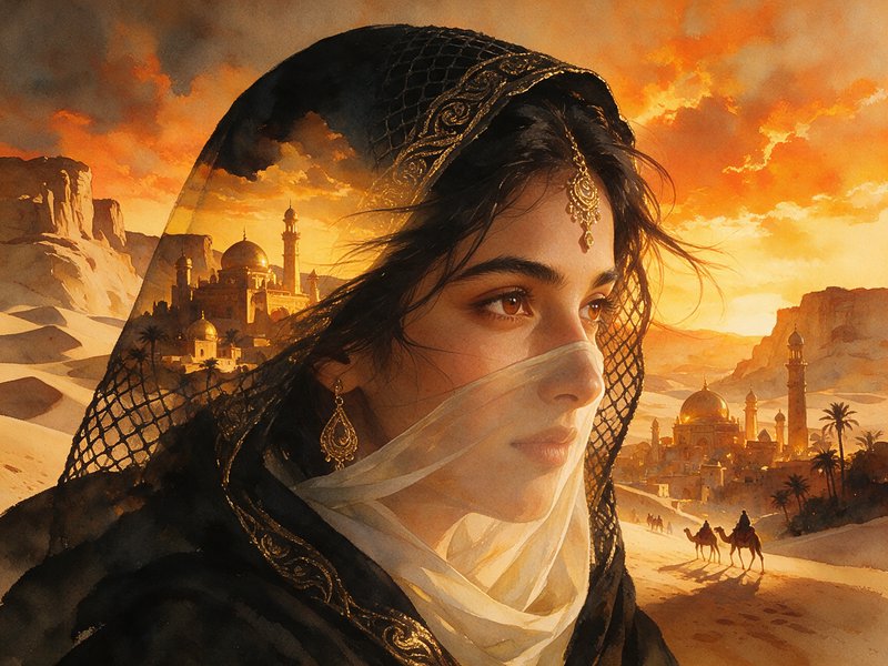Watercolor portrait of veiled Middle Eastern woman, golden desert sunset with mosques and camel caravan backdrop