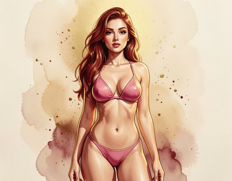 [Stylized illustrated portrait of a woman with long wavy auburn hair wearing a pink bikini against a warm watercolor backg...