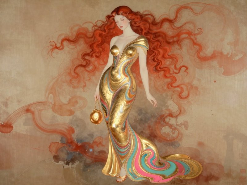 [Art nouveau portrait of a graceful woman with long flowing red hair wearing a swirling metallic gold gown, holding a smal...