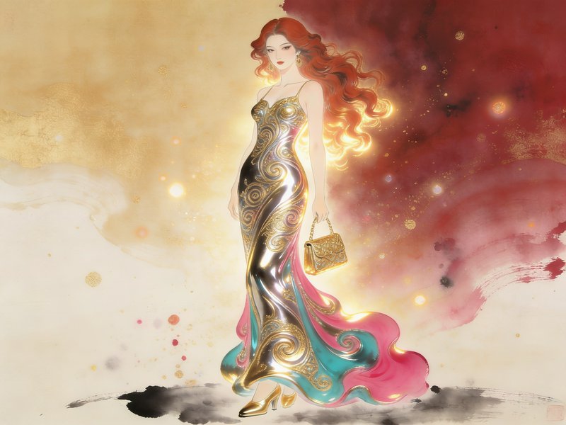 Illustrated elegant red-haired woman in ornate metallic evening gown holding a gold handbag against a soft watercolor