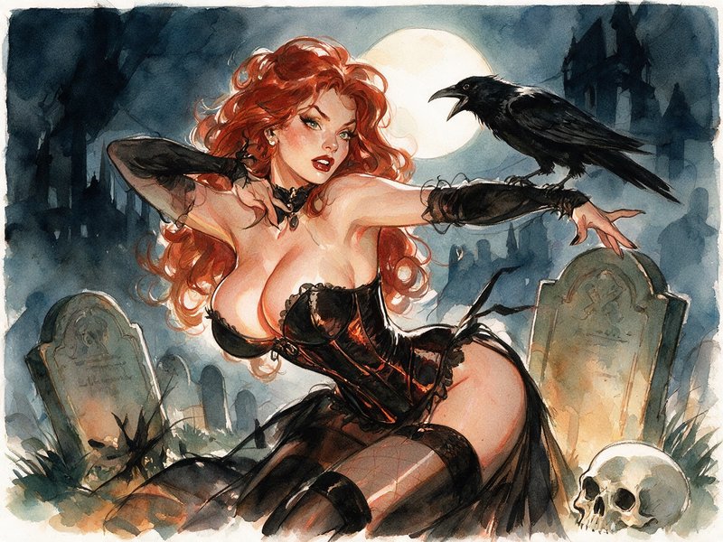 Watercolor illustration of red-haired goth woman with a raven perched on her arm in a moonlit graveyard.