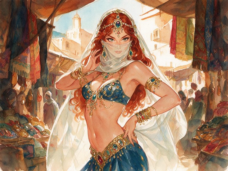 [Watercolor fantasy art of a veiled red-haired belly dancer posing confidently in a sunlit Arabian market souk]