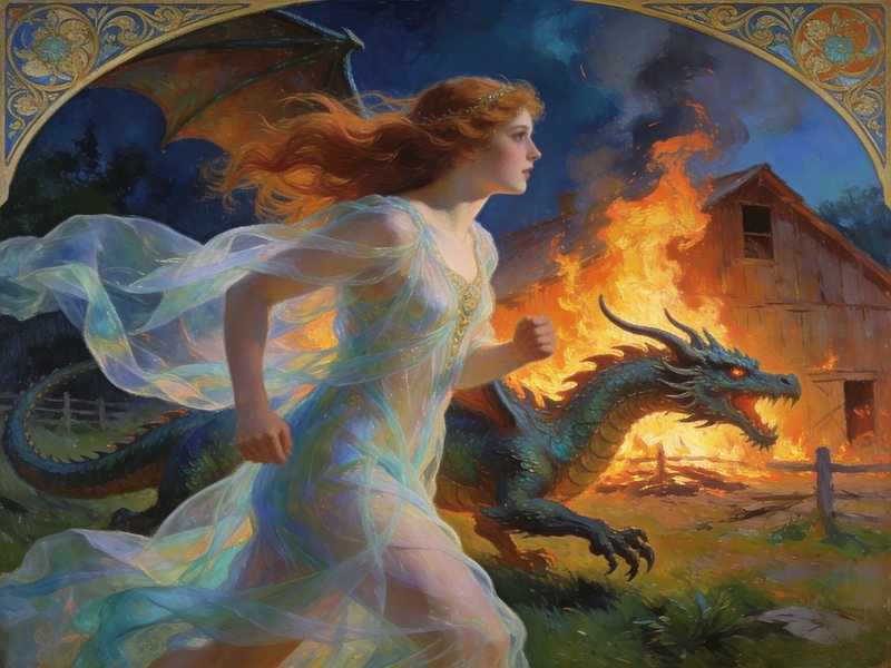 [Red-haired fantasy woman runs beside a green dragon, burning barn in background, ornate framed fantasy painting]