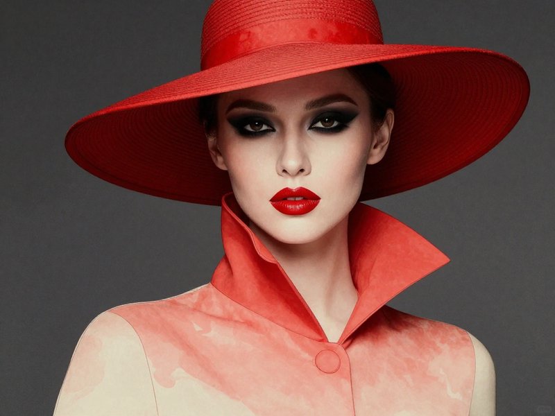 Closeup fashion portrait of an elegant woman wearing a wide brim red hat, bold red lipstick, and dramatic smoky eye makeup