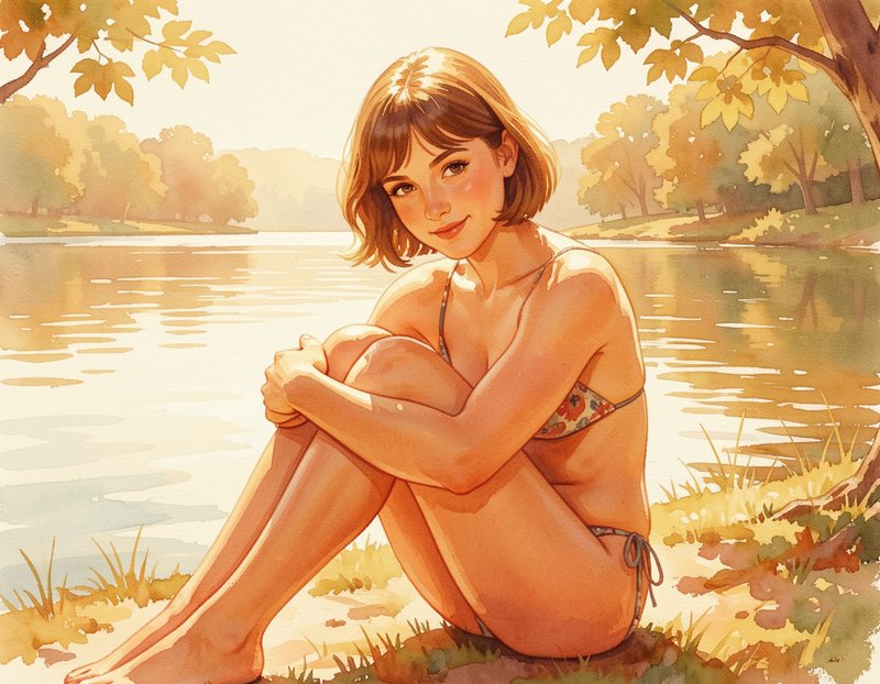 [Watercolor illustration of a smiling young woman sitting on a sunlit lakeshore, framed by golden autumn tree foliage]
