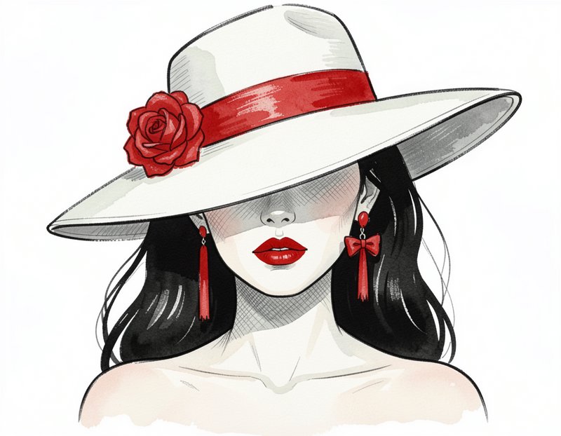 [Watercolor fashion portrait of a woman in a wide white hat with red rose accent, hat brim shading her eyes, bold red lips]