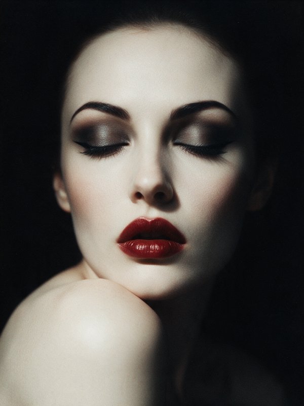 Close-up beauty portrait of a woman with closed eyes, dramatic retro makeup, bold red lipstick, against a dark black backd...