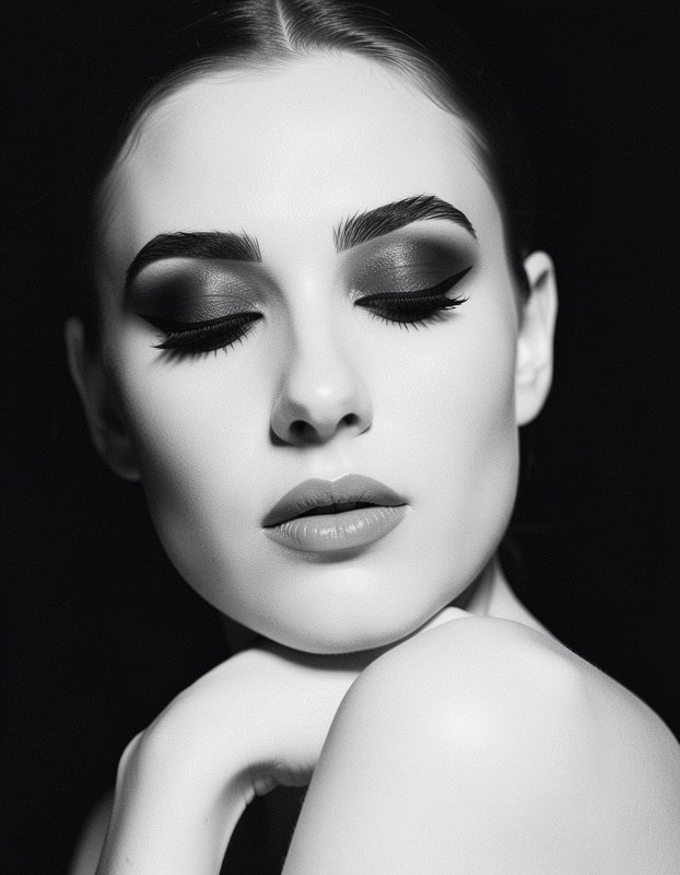 [Close-up black and white beauty portrait of a woman with dramatic smoky eye makeup, closed eyes, resting on her hand agai...