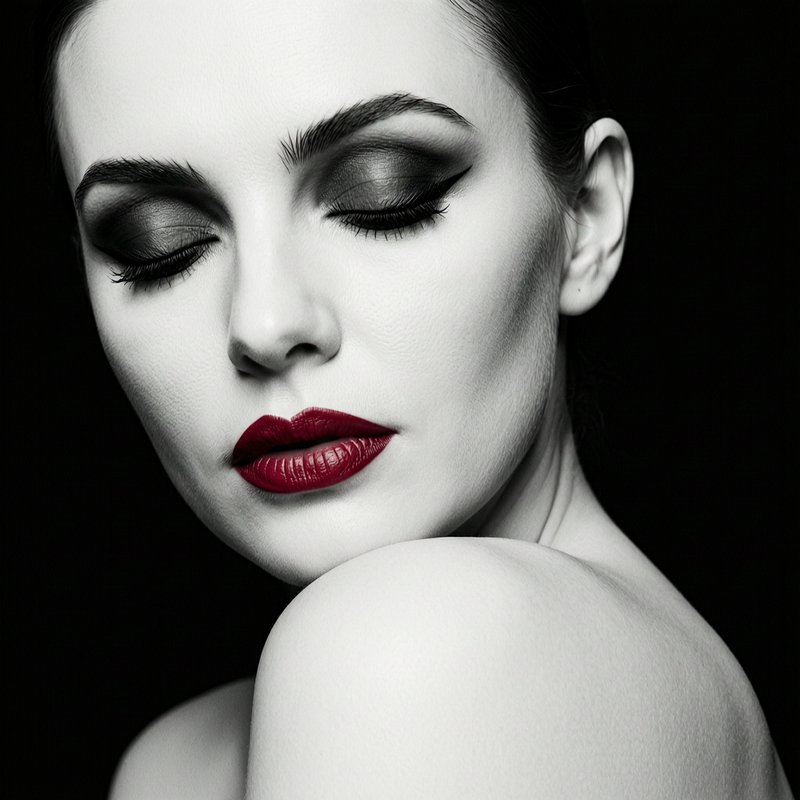 [Closeup beauty portrait of a woman with closed eyes, dramatic smoky eye makeup and bold red lipstick against a solid blac...