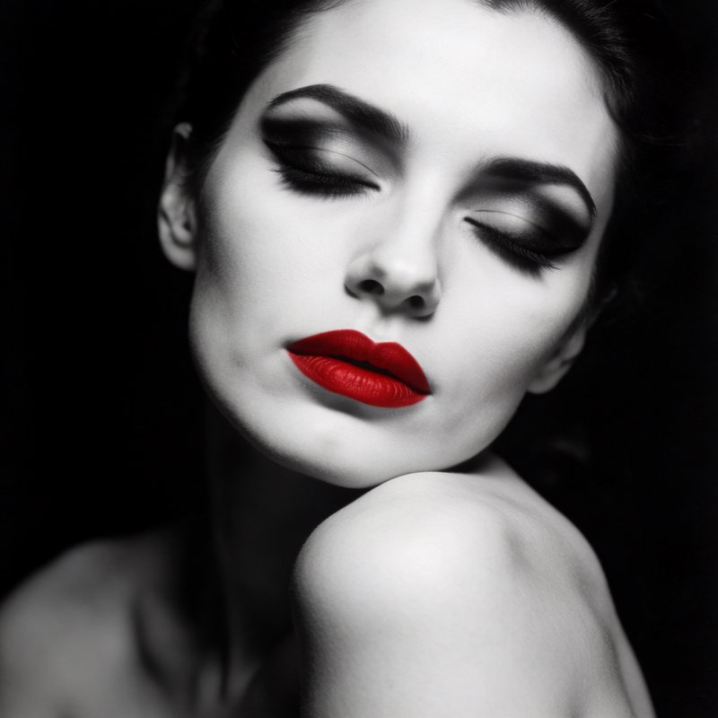 selective color monochrome, high contrast, minimal fine art close-up portrait, eye level slightly low camera angle, woman with milky white skin, closed eyes, sharp arched dark eyebrows, dark smoky eyeshadow, winged eyeliner, full slightly parted ruby lips, bare shoulder raised resting gently under her chin, soft dramatic side key lighting from left casting deep subtle shadows on right side of face, smooth milky white skin texture, shallow depth of field, solid pure black negative space background, vintage film grain, high contrast chiaroscuro lighting, photorealistic classic glamour portrait style.
