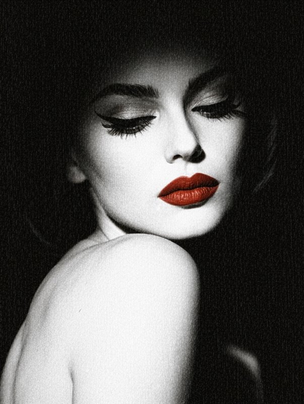 Close-up high contrast portrait of a woman with bold red lipstick, closed eyes, retro Hollywood makeup against a dark blac...