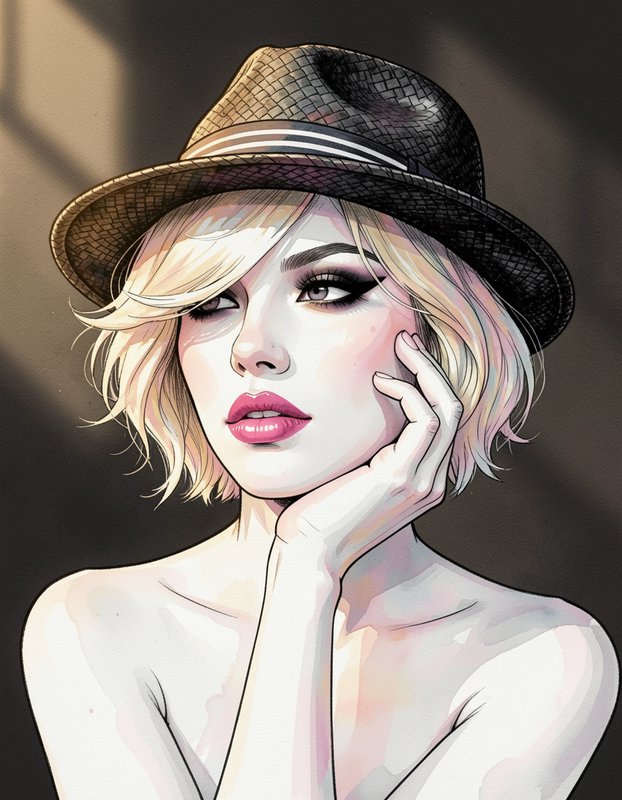 Stylized illustrated portrait of a short blonde woman in a fedora, resting her cheek on her hand with warm moody lighting.