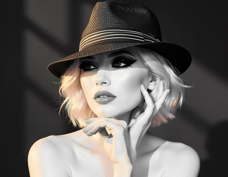 Close-up glamorous portrait of a platinum blonde woman wearing a black striped-band fedora with dramatic moody lighting