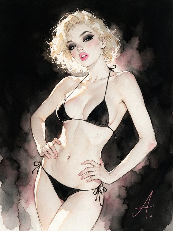 Watercolor illustration of glamorous short blonde woman in a black string bikini posing hands on hips against a dark