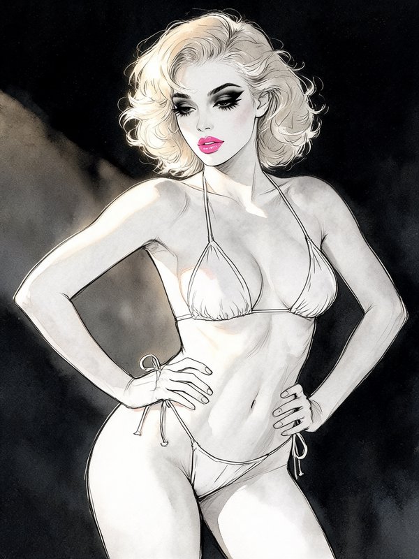 Ink sketch illustration of glamorous blonde pinup woman in a string bikini, hands on hips, bold pink lipstick against