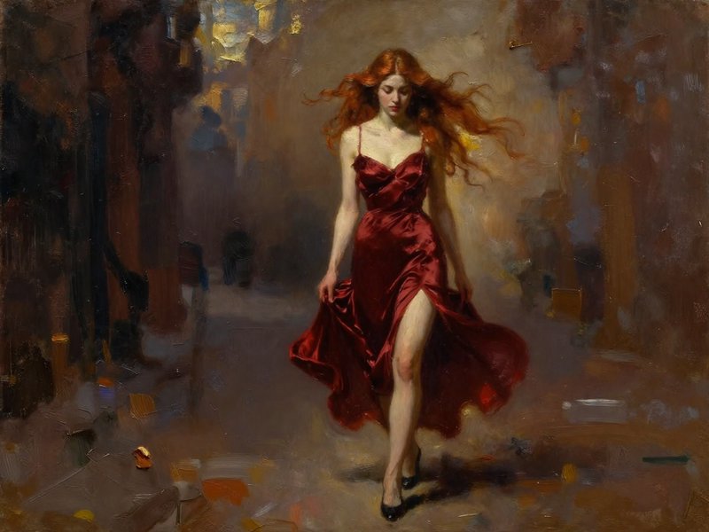 [Impressionist oil painting of a woman with flowing red hair in a crimson satin gown walking through a hazy warm-lit city ...